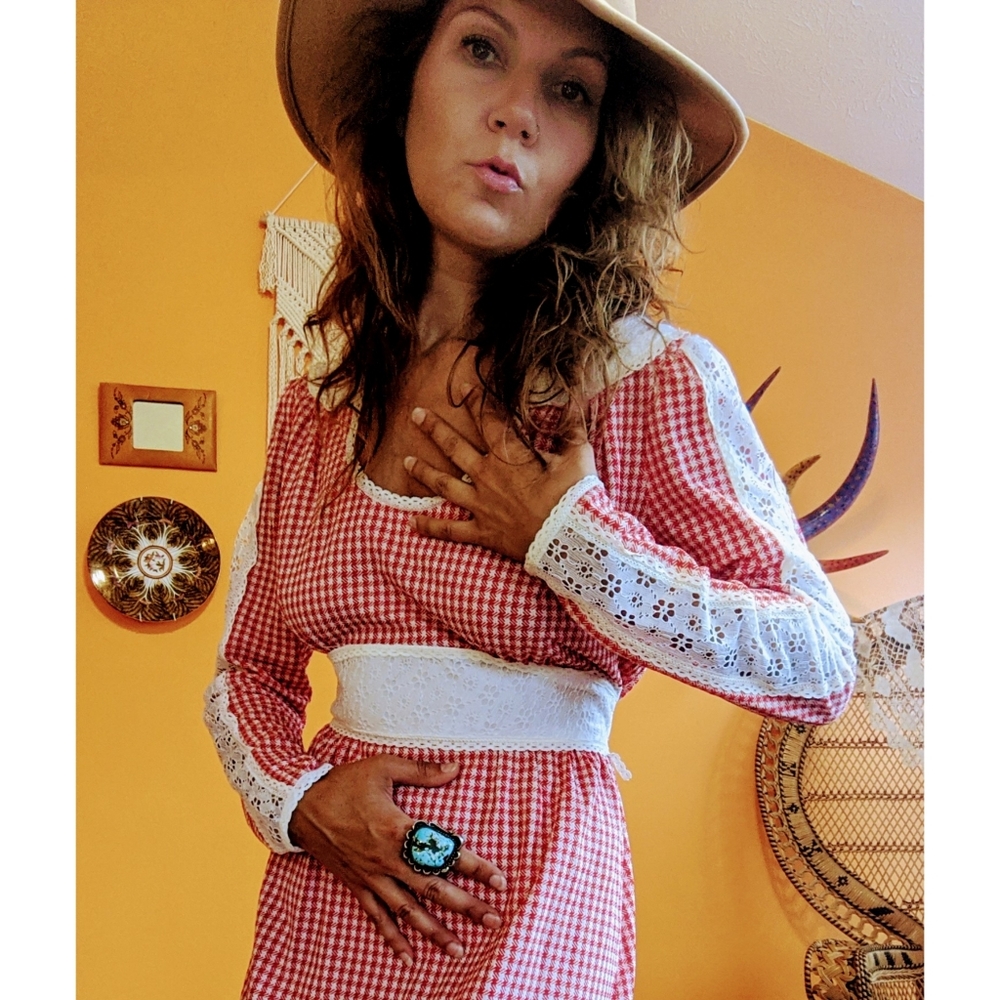 70s gingham and lace prairie maxi dress